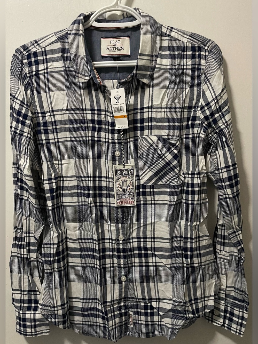 Flag & Anthem Women’s Navy White Plaid Button Up Long Sleeve Shirt Size Small S
